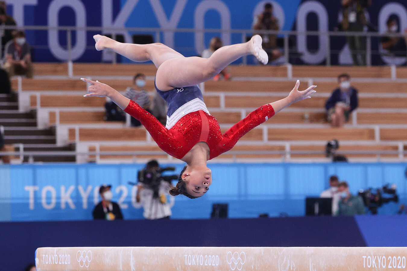 Sunisa Lee of Team USA on the beam during the Women's Artistic Gymnastics Team Final.